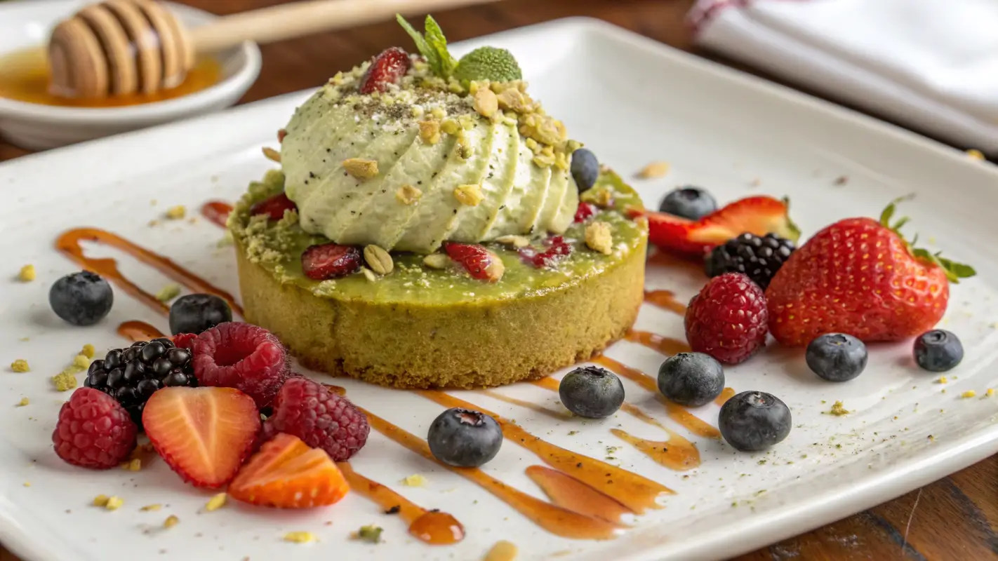 A decadent dessert topped with pistachio cream, served with fresh berries and a drizzle of honey.