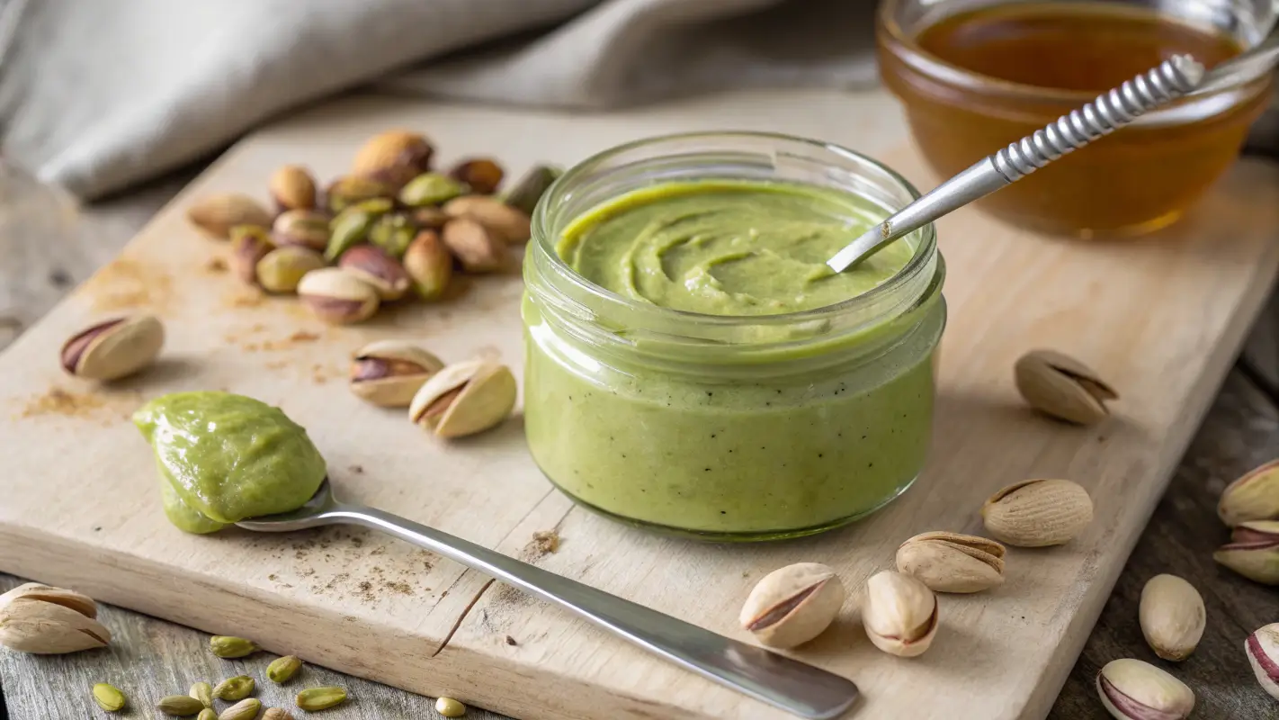 a jar of pistachio cream with a spoon next to it, sitting on a rustic kitchen counter with ingredients like raw pistachios and honey