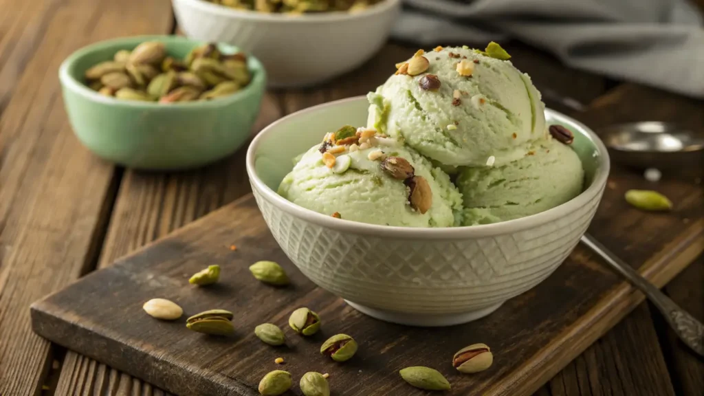 Delicious bowl of pistachio ice cream with pistachio nuts and a creamy texture in a rustic setting