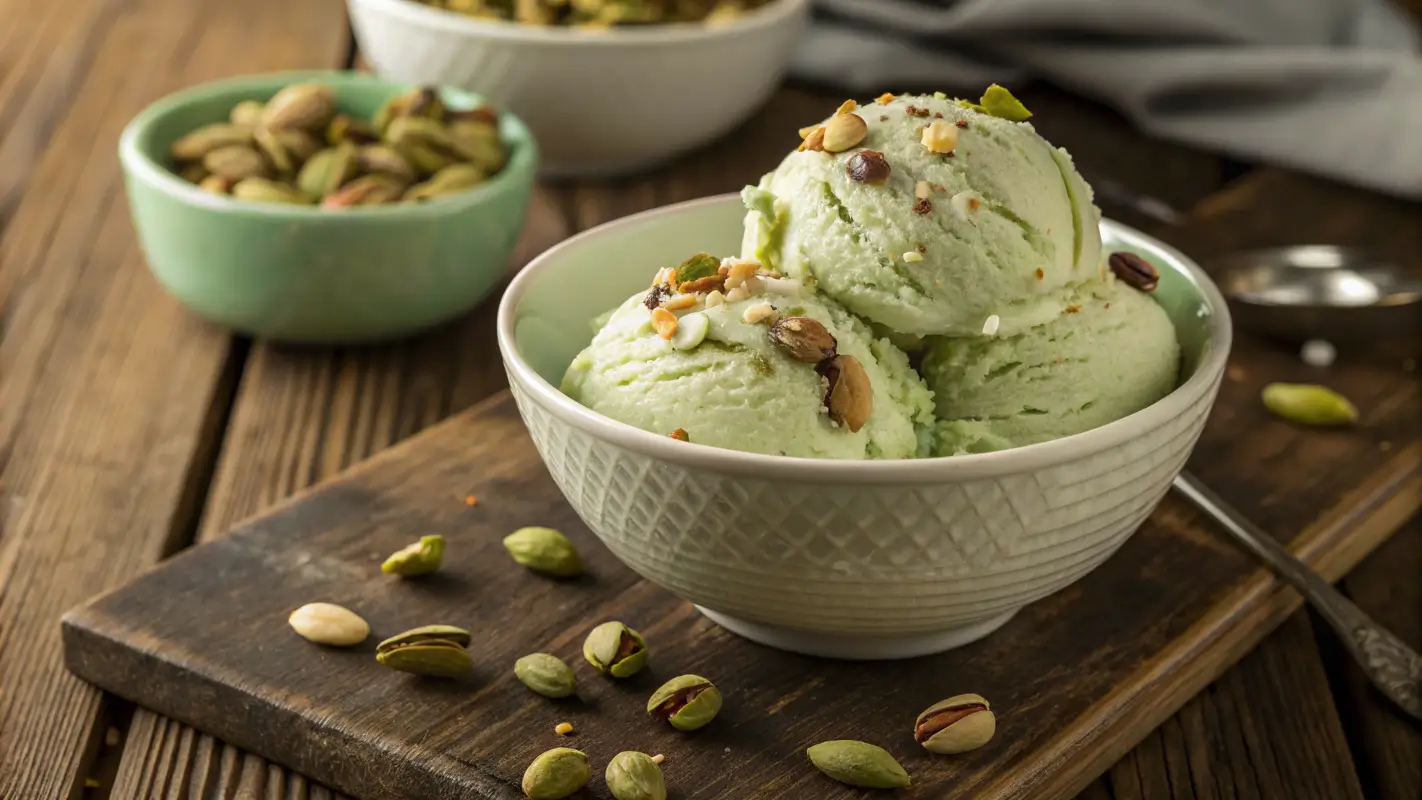 Delicious bowl of pistachio ice cream with pistachio nuts and a creamy texture in a rustic setting