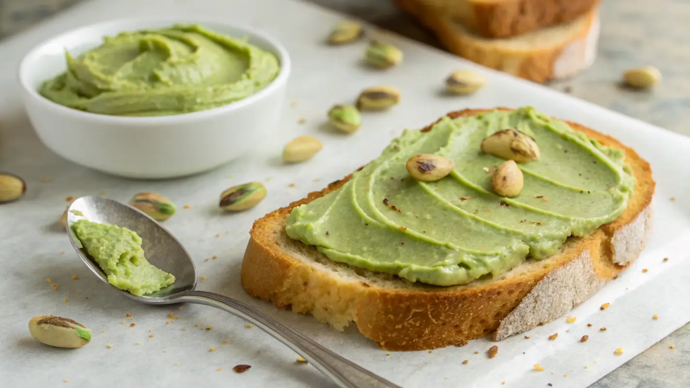Pistachio cream spread on a piece of toasted bread with a spoonful of creamy pistachio paste next to it.
