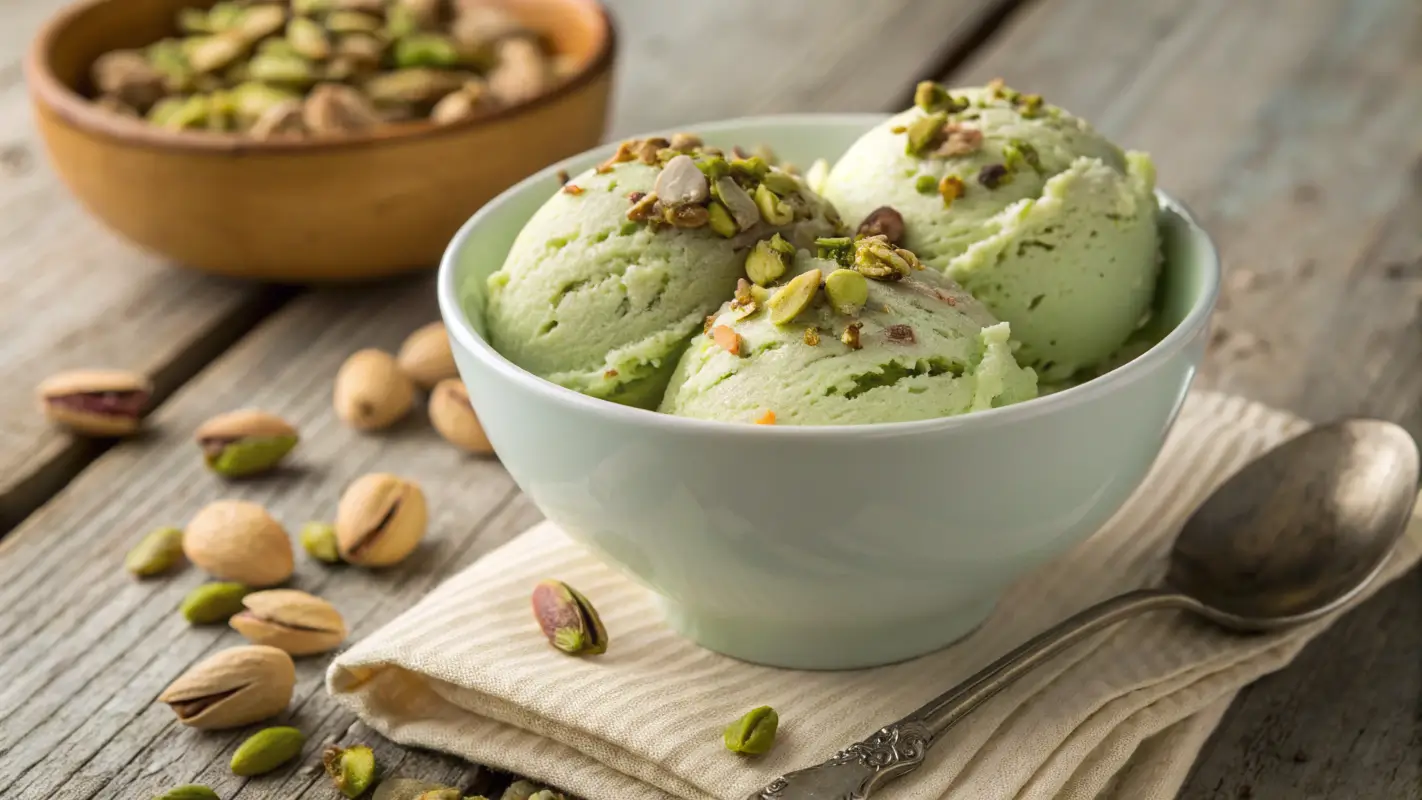Bowl of pistachio ice cream with pistachios on top on a wooden table