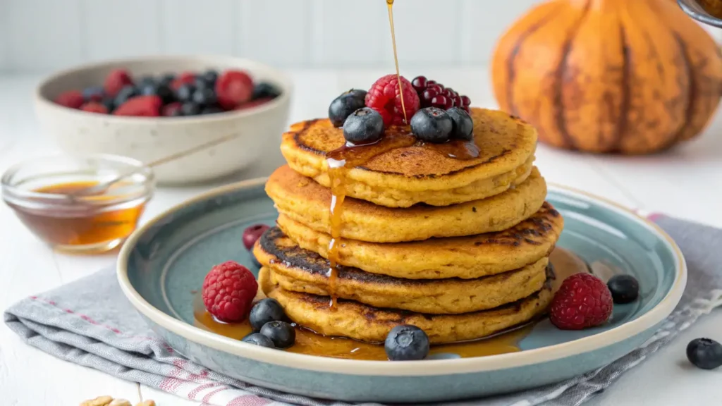 Pumpkin Protein Pancakes with Maple Syrup and Fresh Berries