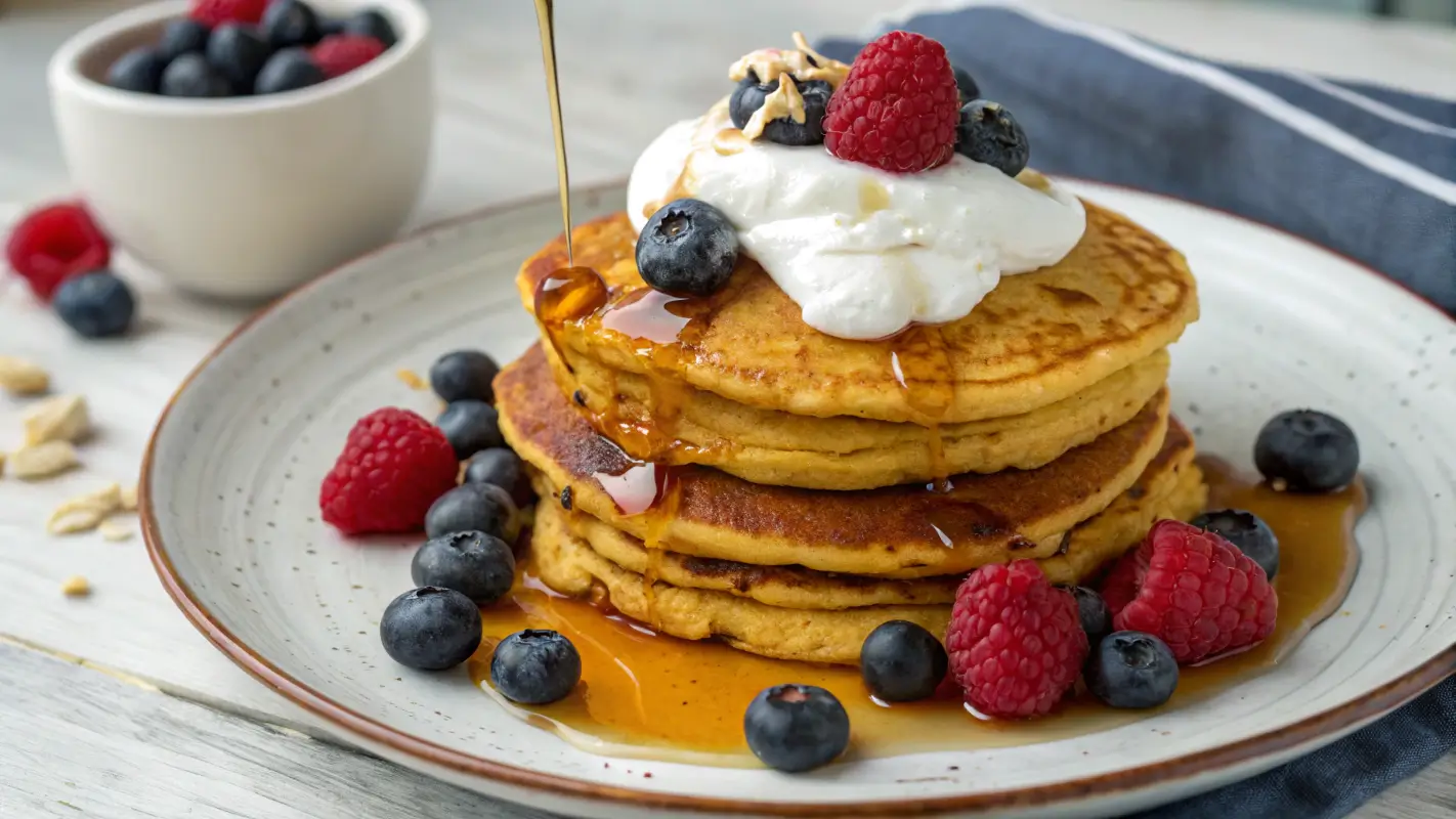 Pumpkin Protein Pancakes served with Greek yogurt, berries, and maple syrup.