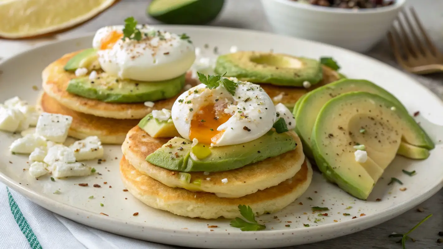 Savory mini pancakes with avocado, poached egg, and feta for a unique breakfast twist.