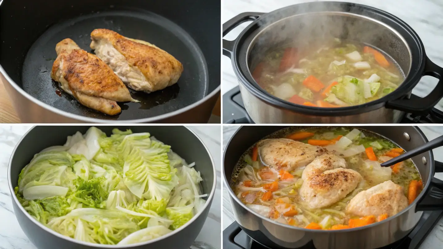 Step-by-step process of making Chicken and Cabbage Soup – from searing chicken to serving the completed dish.