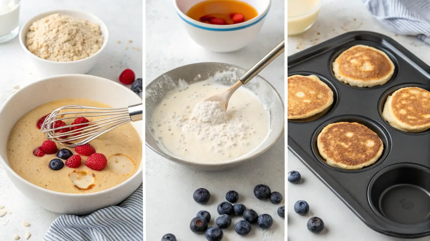 Step-by-step process of cooking Mini Protein Pancakes, including mixing dry ingredients, whisking wet ingredients, cooking pancakes on a pan, and serving the finished pancakes stacked with toppings like berries and yogurt.