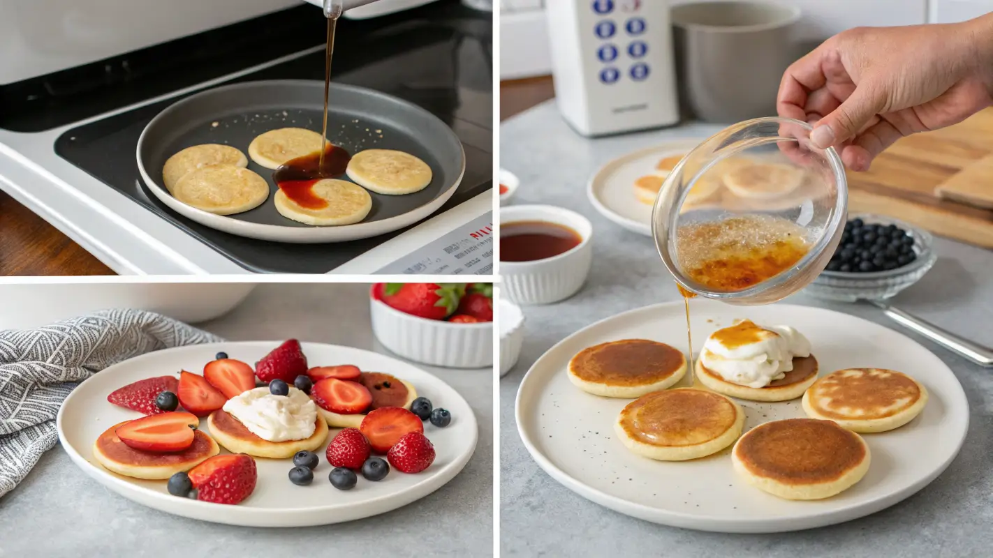 Step-by-step visual process of preparing Krusteaz Mini Pancakes, from microwaving to serving with toppings like syrup and fruit.