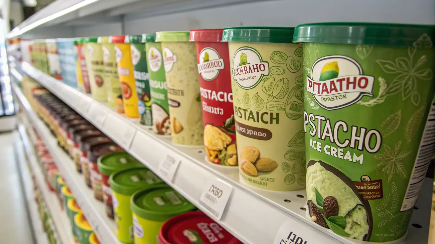 Assortment of pistachio ice cream brands displayed on a shelf