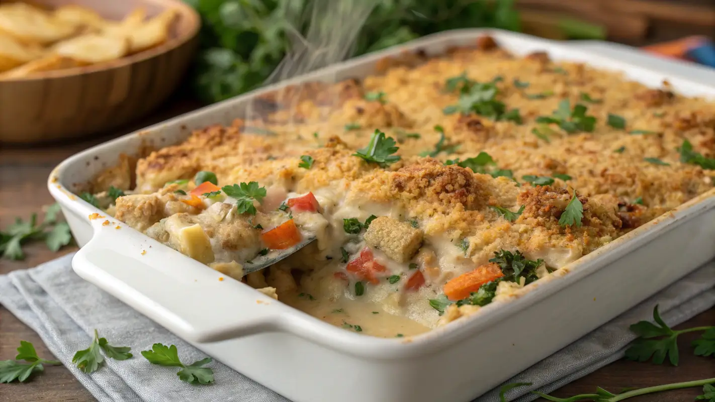Vegan version of Million Dollar Chicken Casserole using plant-based ingredients