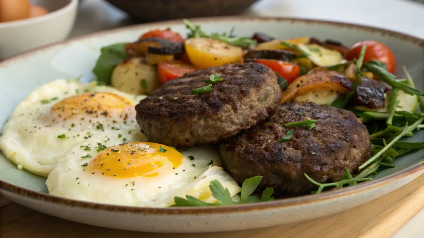 Artistic representation of venison breakfast sausage patties served with eggs and vegetables, highlighting vibrant textures and savory colors.