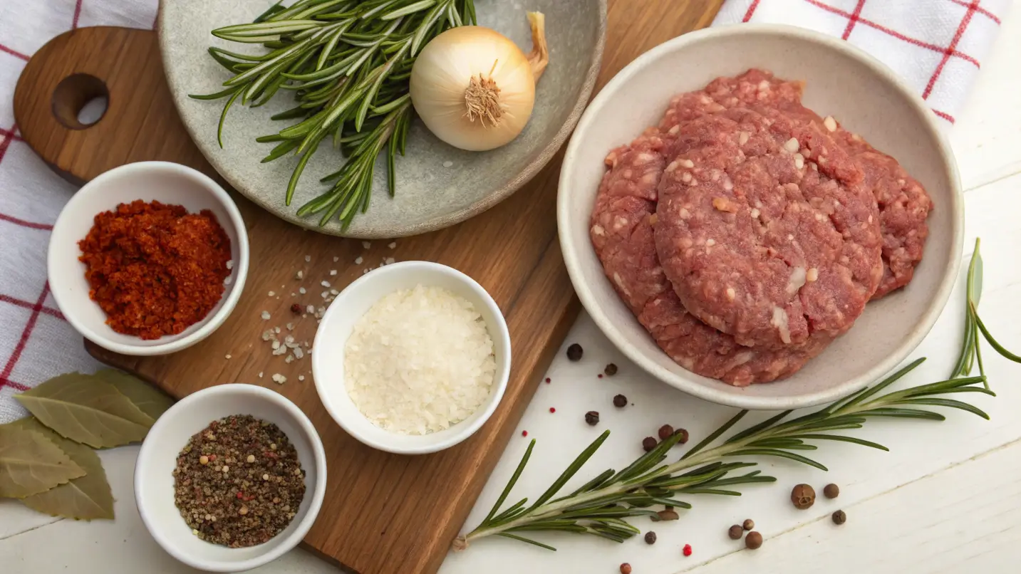Ingredients for preparing venison breakfast sausage, including venison meat, pork fat, herbs, and spices, arranged aesthetically.