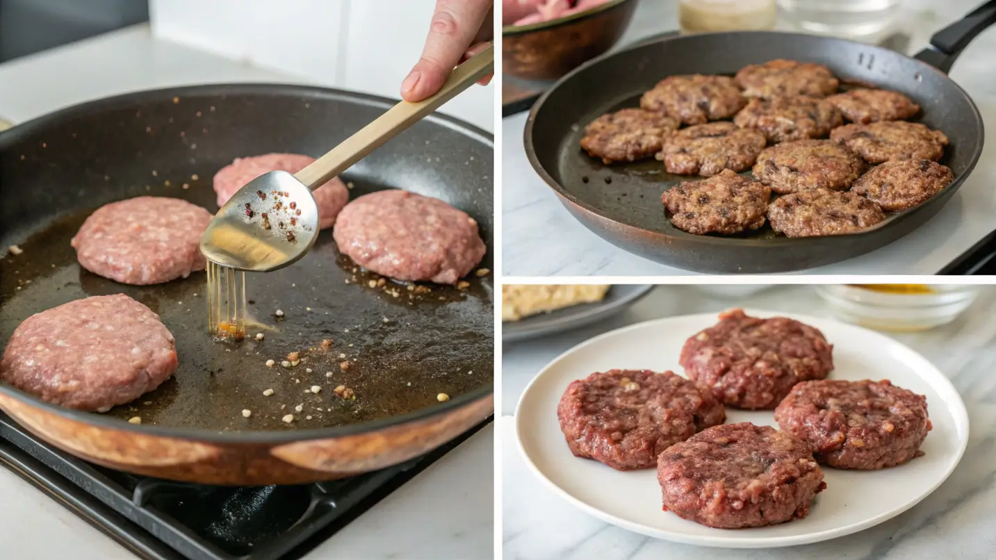 Step-by-step process of cooking venison breakfast sausage patties in a skillet, from shaping to browning.