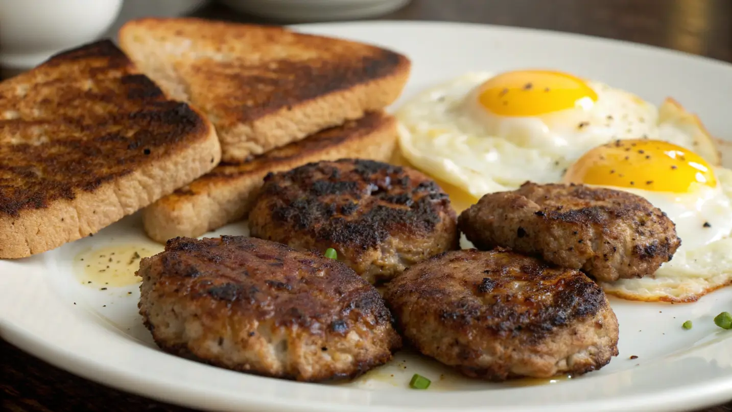 Venison breakfast sausage recipe patties served with eggs and toast – a healthy, flavorful start to your day.