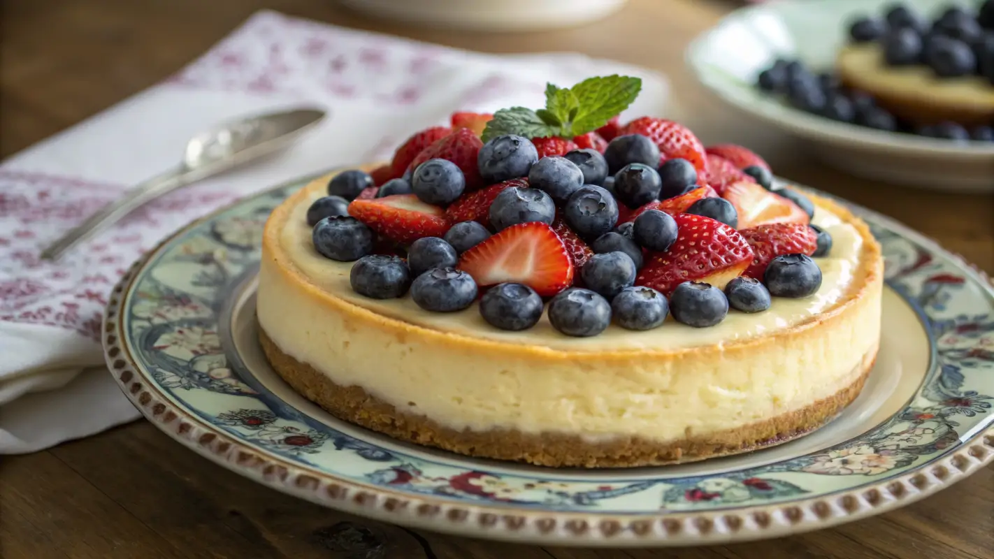 Woolworth cheesecake with blueberry and strawberry toppings for a fresh, fruity twist