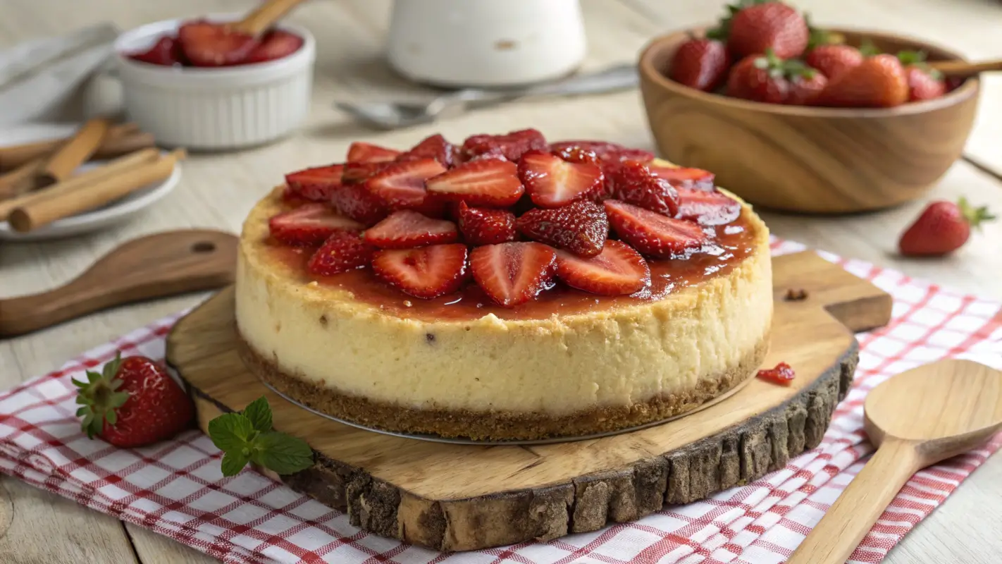 Woolworth cheesecake with fresh strawberries on top, showcasing the classic dessert recipe