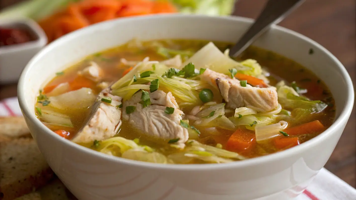 Artistic representation of Chicken and Cabbage Soup – vibrant chicken, cabbage, and broth in a beautiful, hearty bowl.