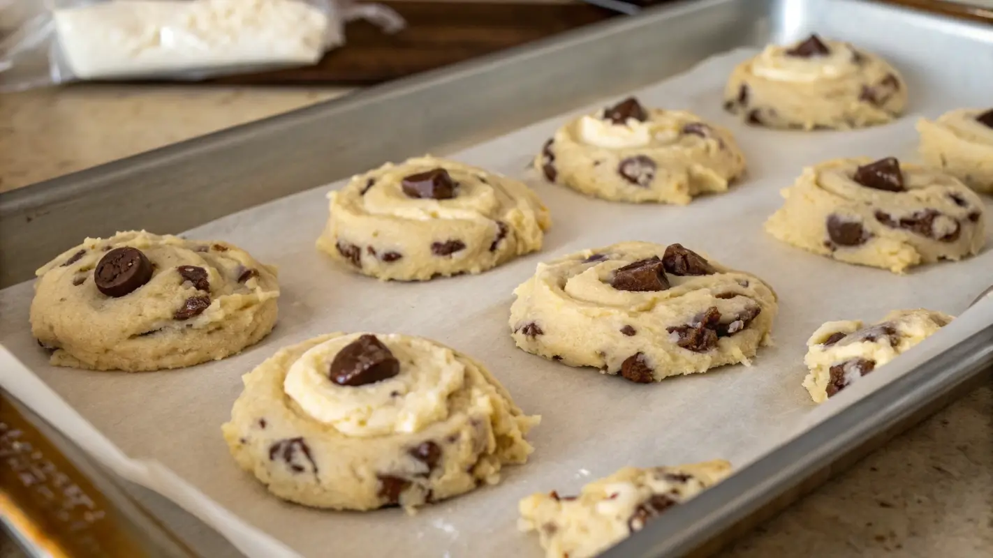 Raw chocolate chip cheesecake cookies on a baking sheet ready for baking.
