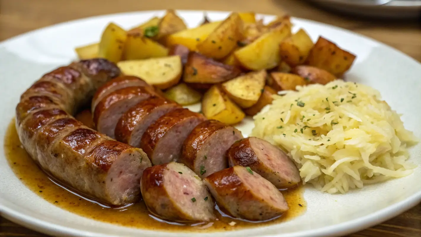 Sliced beef sausages served with roasted potatoes and tangy sauerkraut for a delicious meal