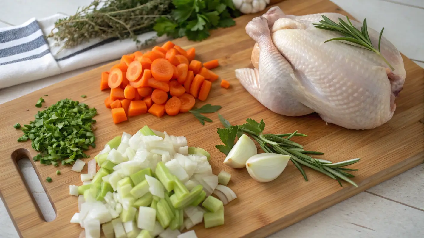 Fresh vegetables and chicken ready to be used in Grandma's chicken soup recipe.