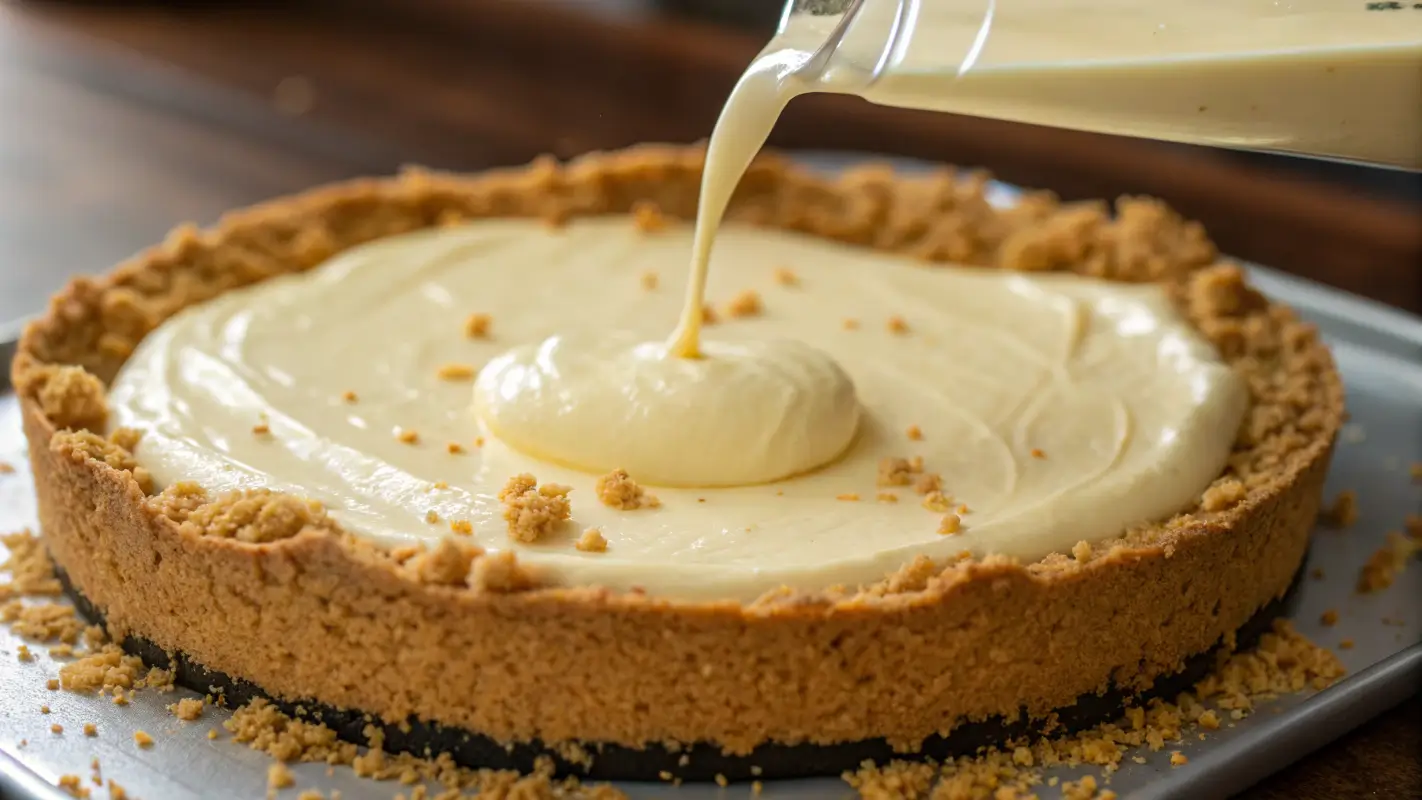 Pouring creamy cheesecake filling into a graham cracker crust, preparing for baking
