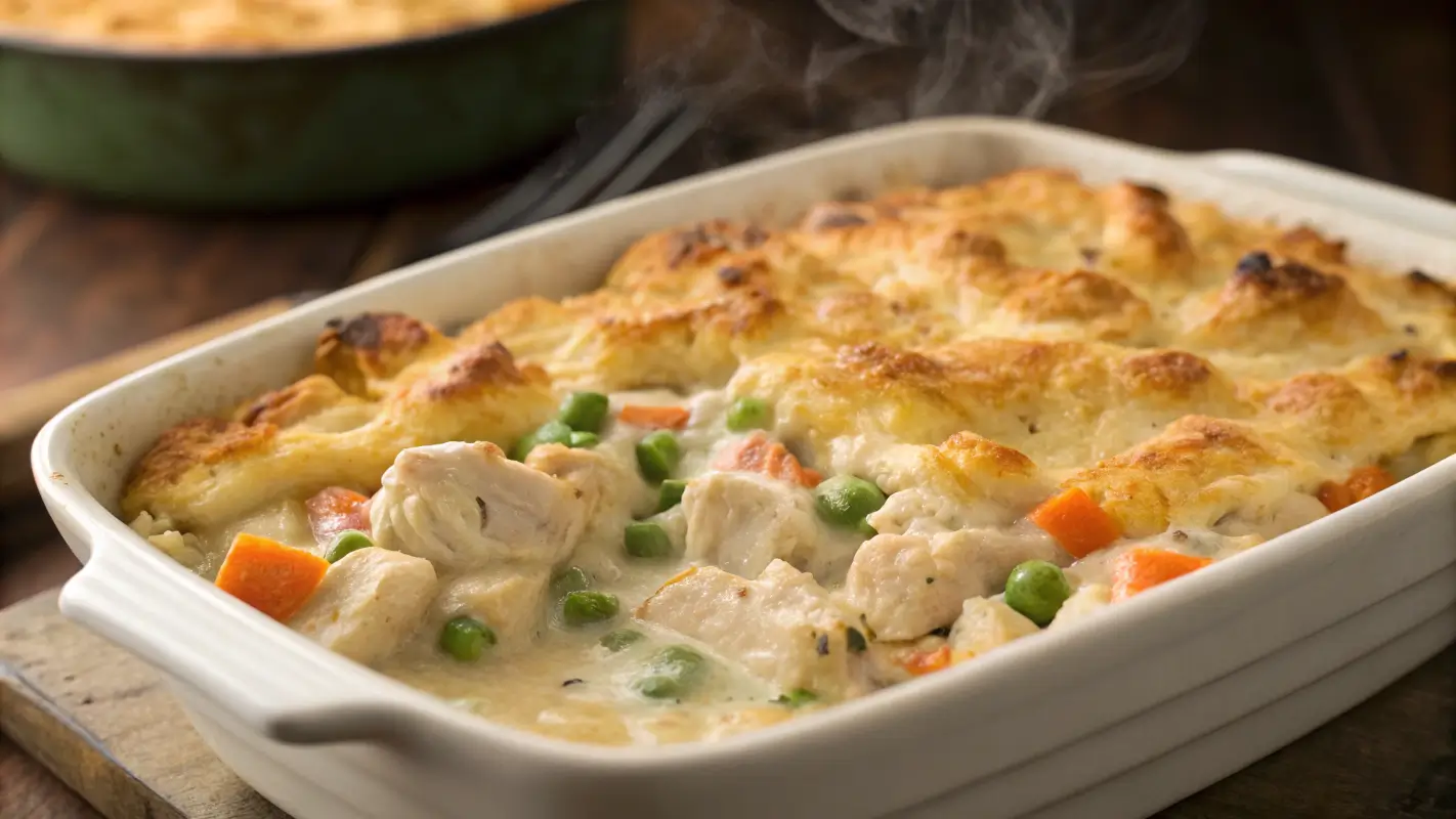 A close-up of a creamy, cheesy Million Dollar Chicken Casserole served on a plate