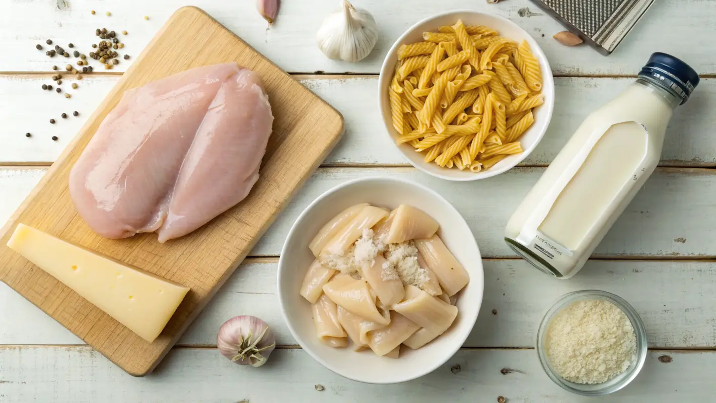 The key ingredients for Garlic Parmesan Chicken Pasta including chicken, garlic, cream, and pasta.