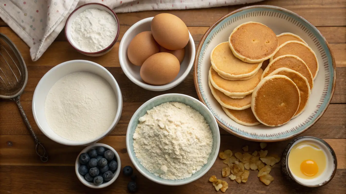 Ingredients for Krusteaz Mini Pancakes including wheat flour, eggs, dairy, sugar, and baking powder arranged in a visually appealing layout.