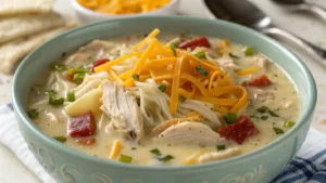 Finished Crack Chicken Noodle Soup served in a bowl with creamy broth, shredded chicken, and cheddar cheese.