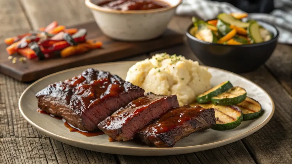 Juicy boneless beef ribs glazed with barbecue sauce, served with mashed potatoes and grilled vegetables on a rustic plate.
