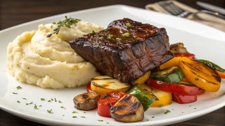 Plated boneless beef ribs with a caramelized glaze, served with mashed potatoes and colorful grilled vegetables.