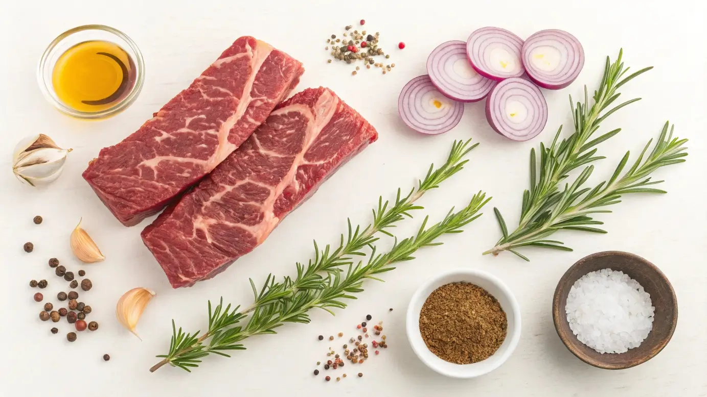 Ingredients for boneless beef ribs including fresh herbs, garlic, spices, and raw beef laid out on a wooden surface
