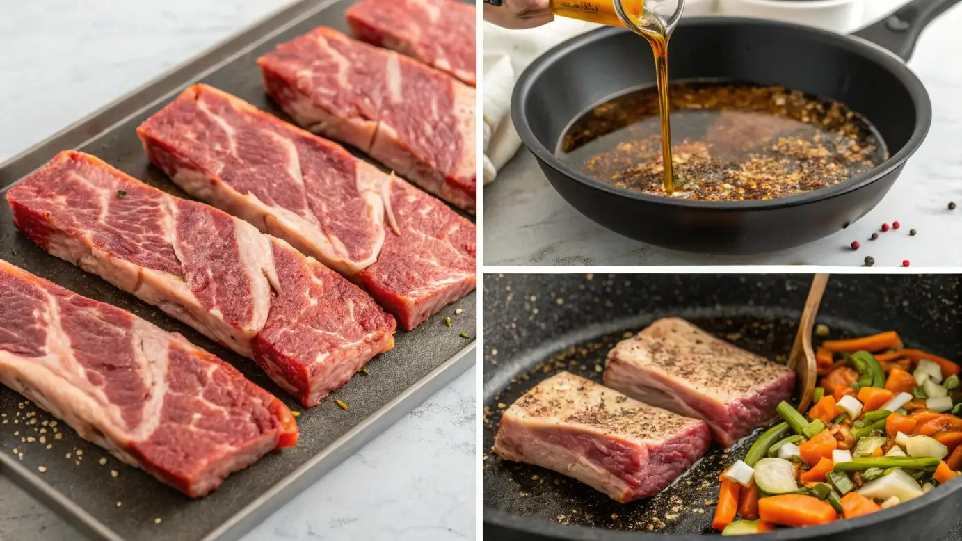 Step-by-step image showing boneless beef ribs being seasoned, seared, baked in broth, and served tender and caramelized.