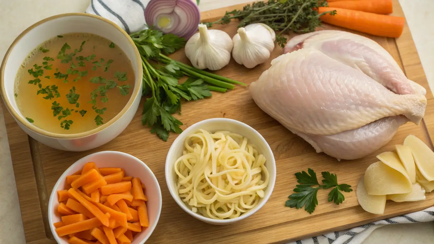 Ingredients for Crack Chicken Noodle Soup, featuring chicken, noodles, vegetables, and herbs, arranged aesthetically to showcase the hearty nature of the dish.