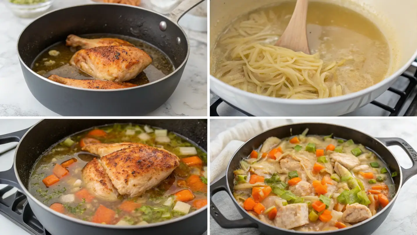 Step-by-step process of cooking Crack Chicken Noodle Soup, showcasing the main steps like browning chicken, adding vegetables, and simmering the soup.