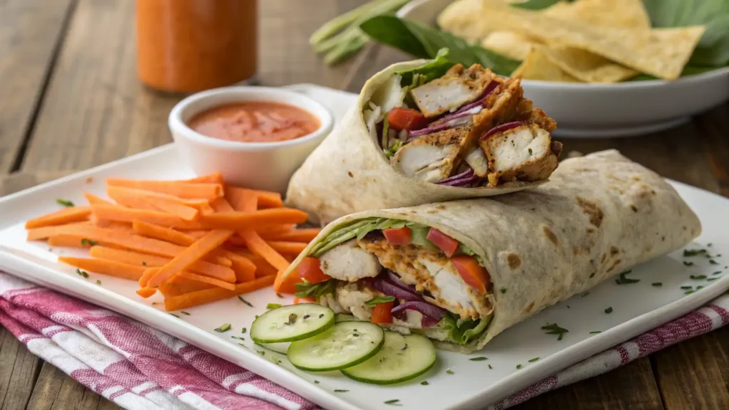Healthy Buffalo Chicken Wrap with grilled chicken, fresh veggies, and buffalo sauce, served with carrot sticks and dipping sauce.​