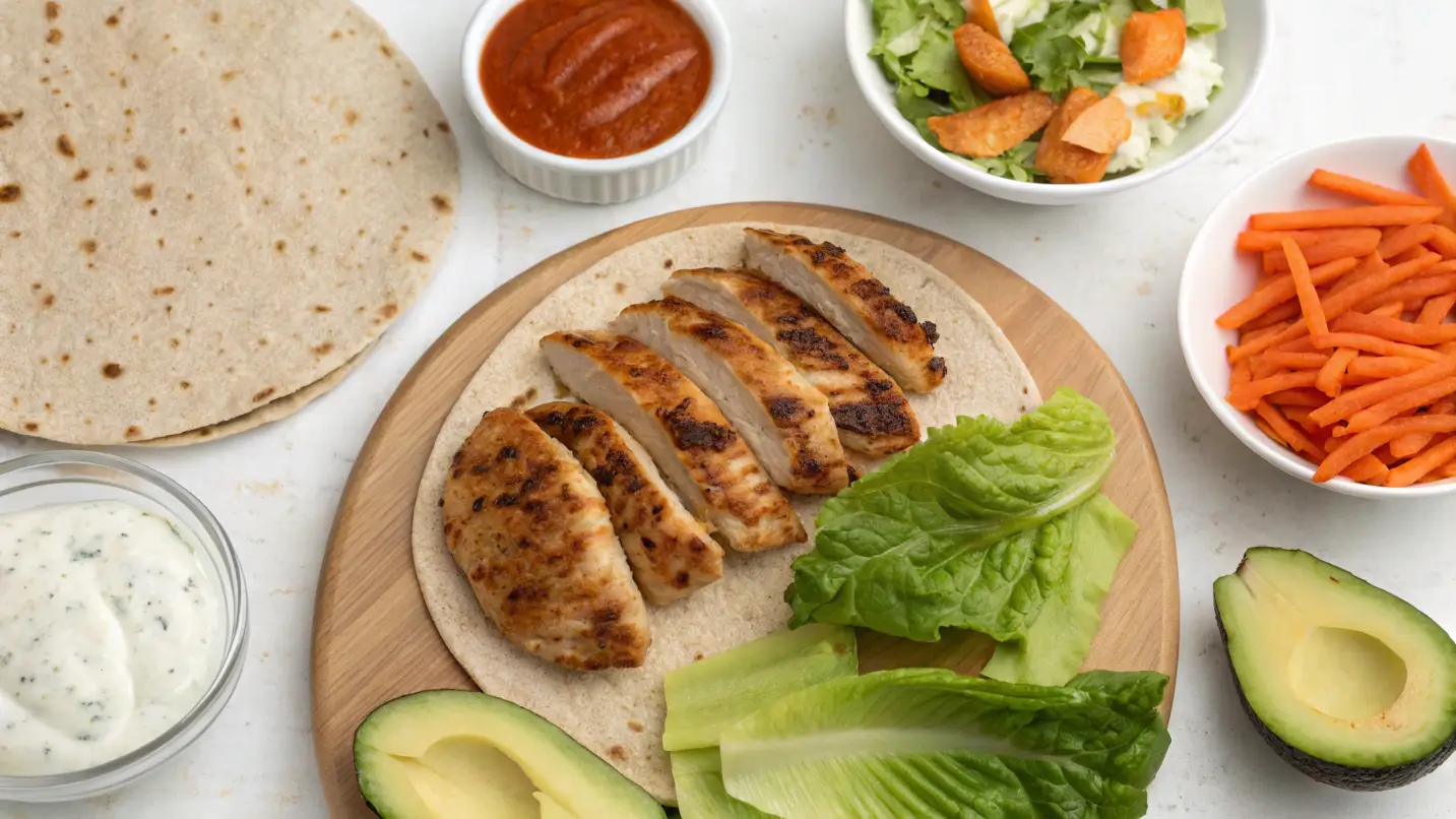 A flat-lay image of Healthy Buffalo Chicken Wrap ingredients including grilled chicken, whole-grain tortillas, fresh vegetables, avocado, and Greek yogurt.