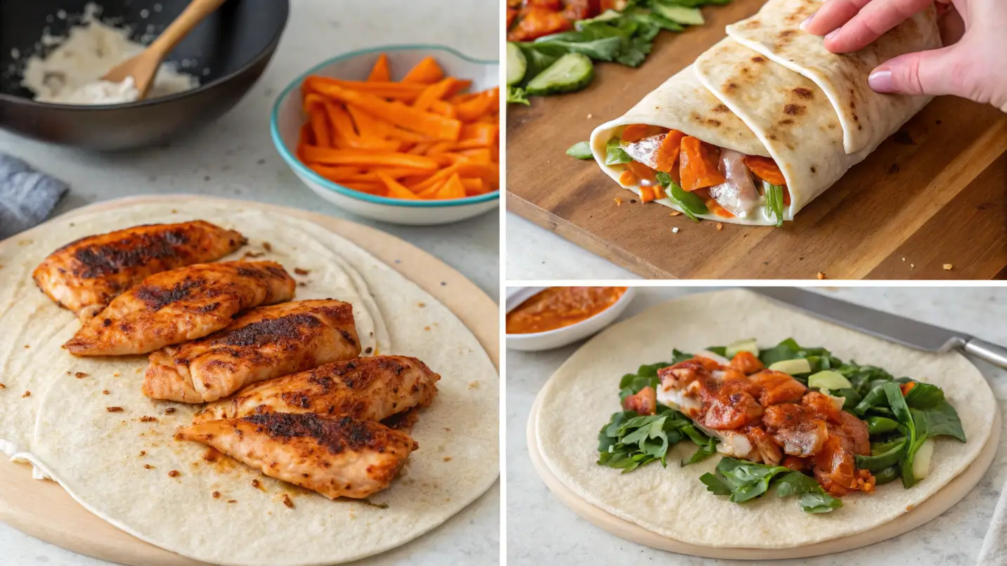A 4-step visual guide showing how to marinate, grill chicken, prep vegetables, and roll the Healthy Buffalo Chicken Wrap.