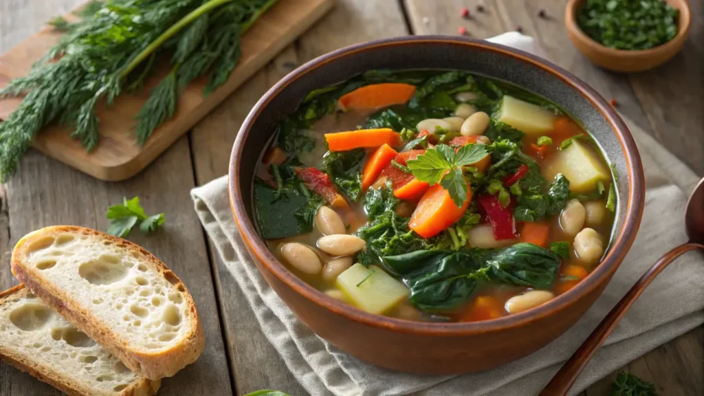 Bowl of Swiss chard soup with white beans, carrots, and herbs, served with bread on a rustic wooden table