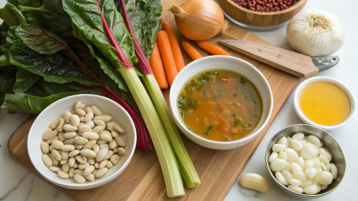 A vibrant display of ingredients for Swiss Chard Soup: fresh Swiss chard, white beans, carrots, celery, onions, garlic, and vegetable broth arranged in a visually appealing layout