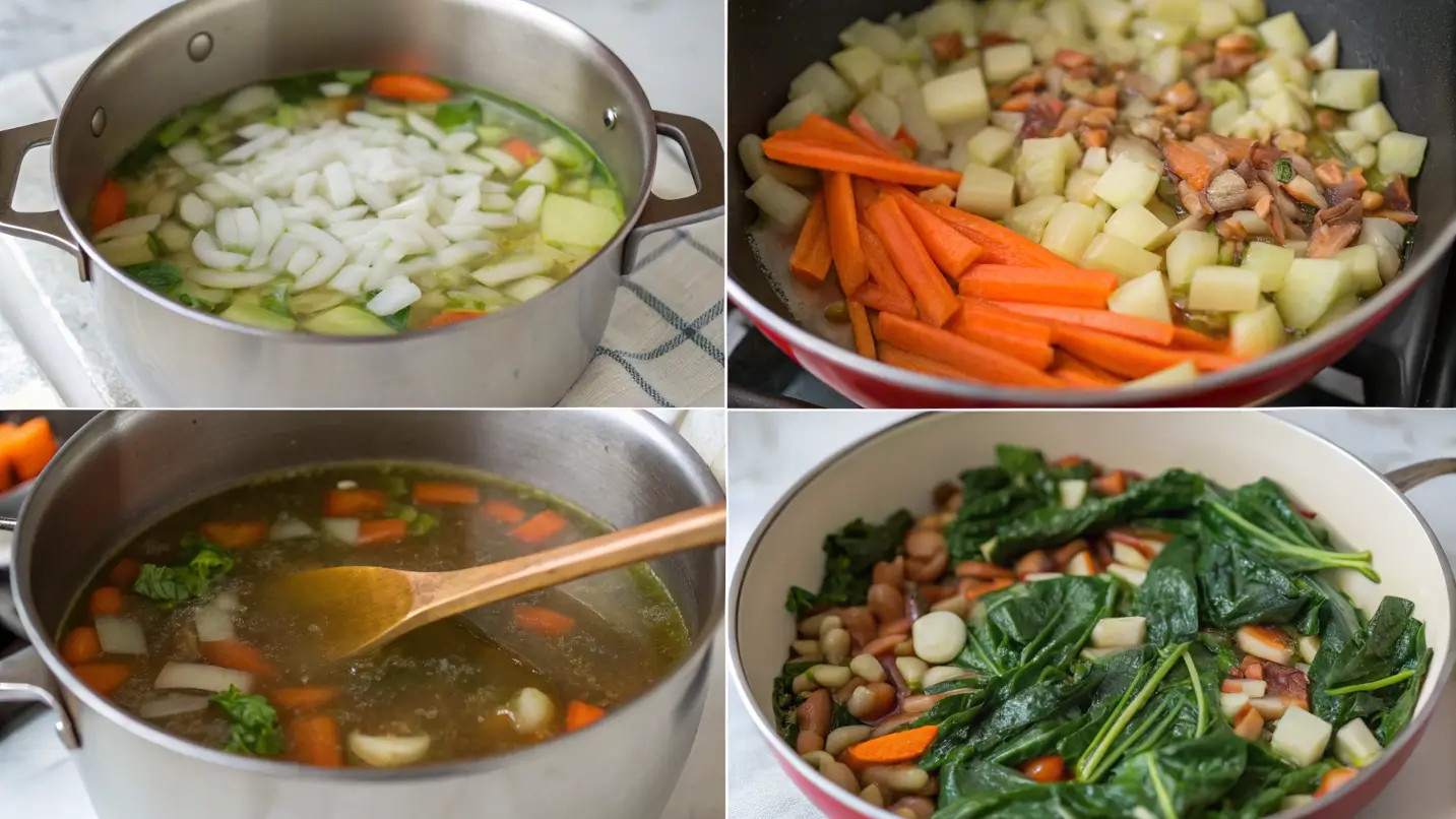 Step-by-step process of making Swiss Chard Soup: sautéing onions and garlic, adding vegetables and broth, simmering with Swiss chard, and the final dish ready to serve