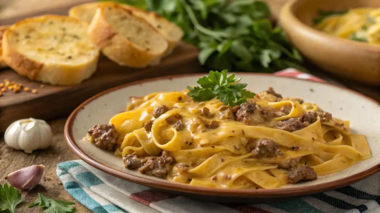Creamy Velveeta beef pasta with bowtie noodles served with garlic bread.