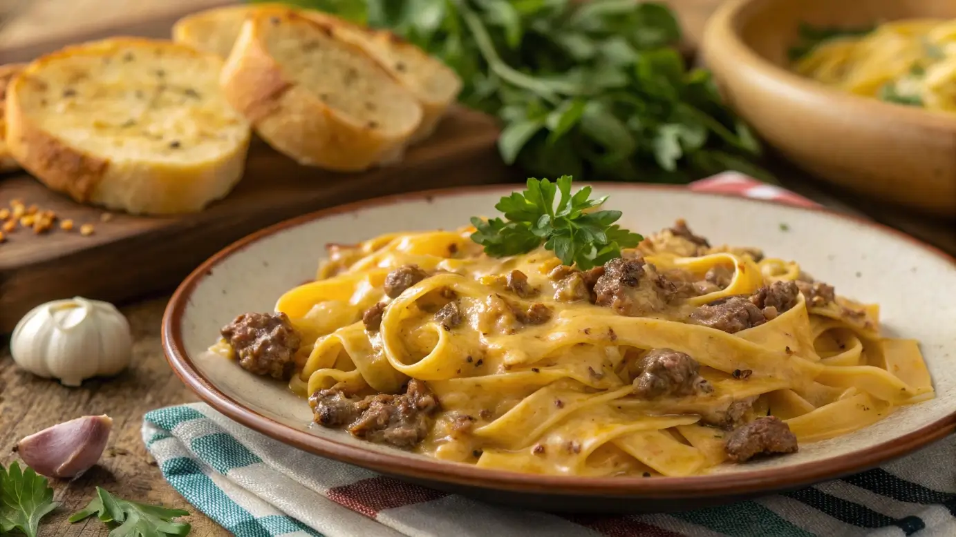 Creamy Velveeta beef pasta with bowtie noodles served with garlic bread.