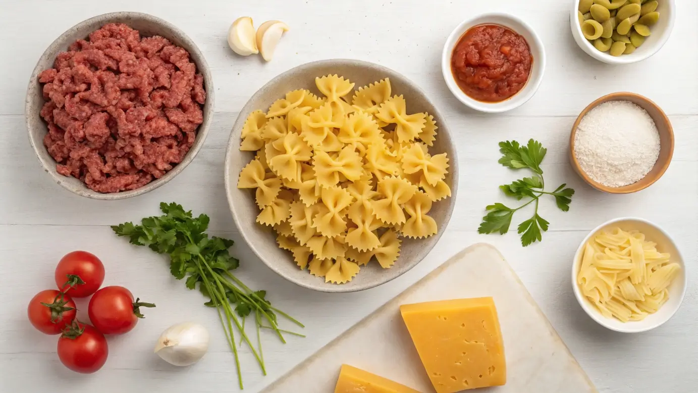 Ingredients for Velveeta beef pasta recipe arranged on a wooden table.