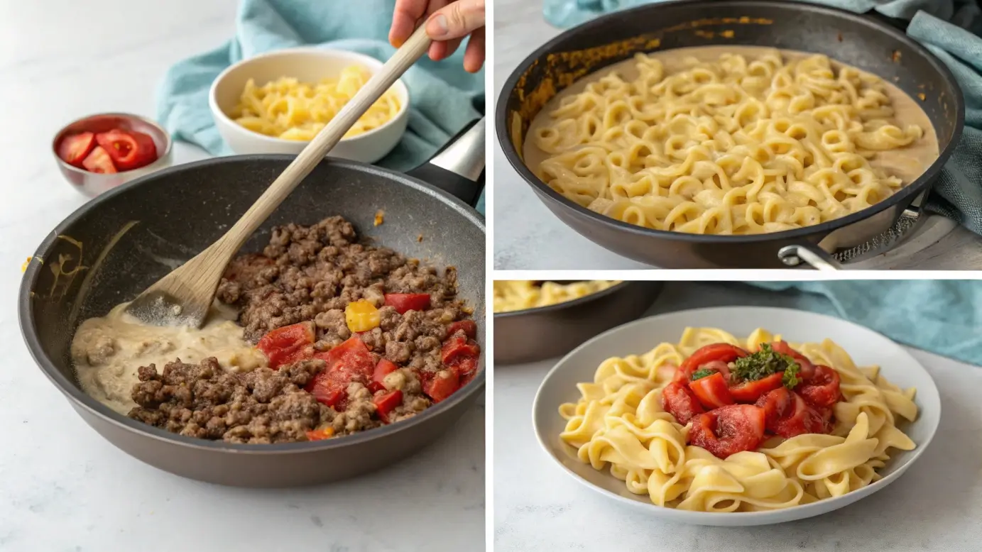 Step-by-step visuals showing the preparation of creamy beef pasta with bowtie noodles.