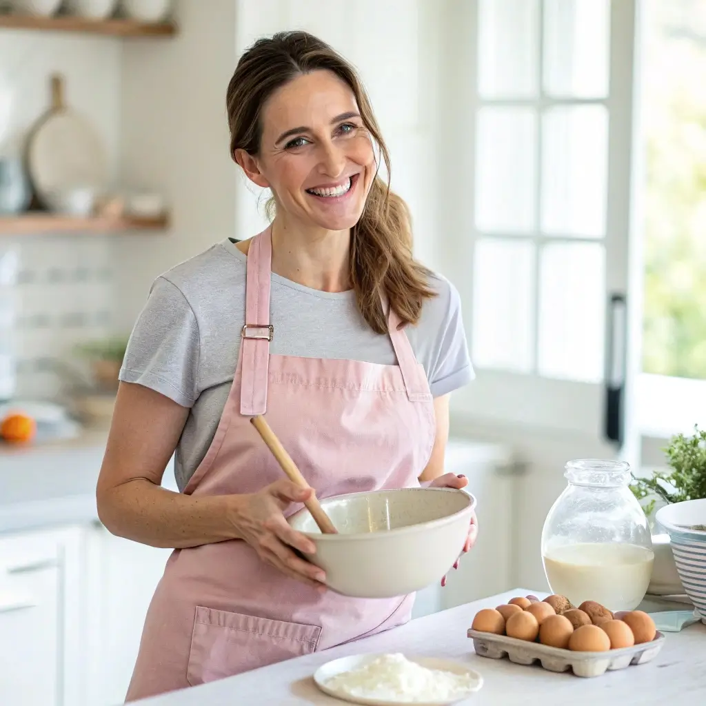 Natalie, a cheerful home chef, smiling in her bright kitchen while holding a mixing bowl and spoon — perfect for EasyFoodToMake