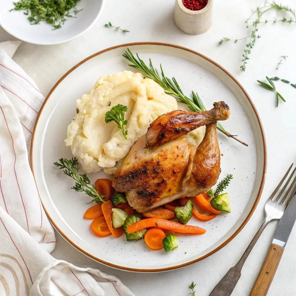 Centered plate of roasted chicken with mashed potatoes and vegetables, clean white table background, top-down view, bright soft lighting, minimal props, styled for a recipe website.


