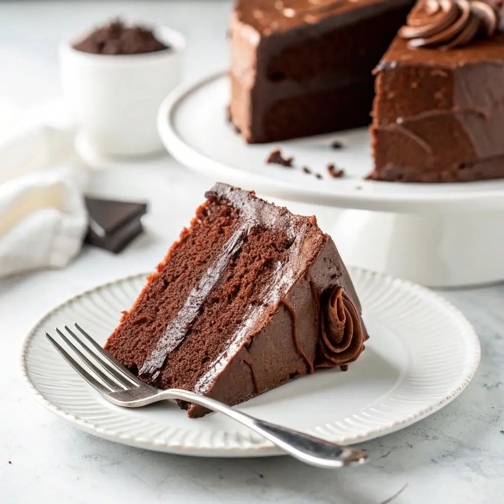 Centered shot of a single slice of chocolate cake on a white plate with a fork, clean white background, soft shadows, minimal styling, bright natural lighting, professional food blog style.


