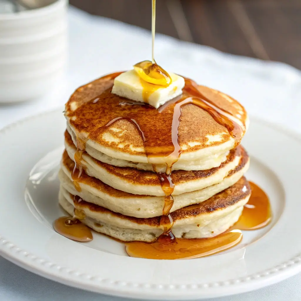 Centered stack of pancakes with syrup and butter, on a white plate with minimal background, clean lighting, top-down shot, professional food blog photo.

