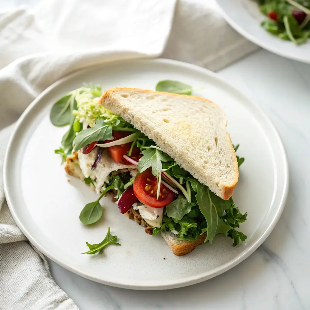 Top view of a fresh sandwich with salad on a round white plate, white background, simple and clean presentation, food blog hero image style, soft natural light.

